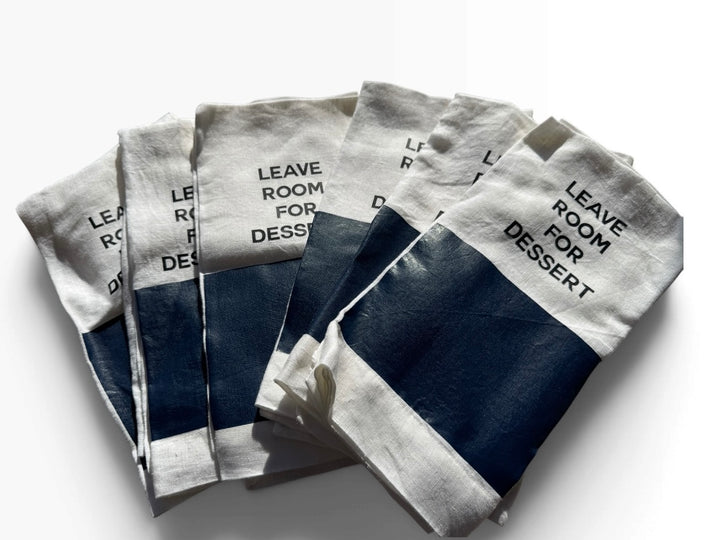 Lot 20 – Crate and Barrel "Leave Room for Dessert" Linen-Look Tea Towels, Set of 6