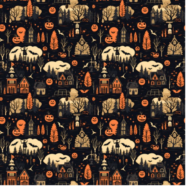 A pattern acrylic sheet with a Halloween-themed design featuring haunted houses, trees, and pumpkins.