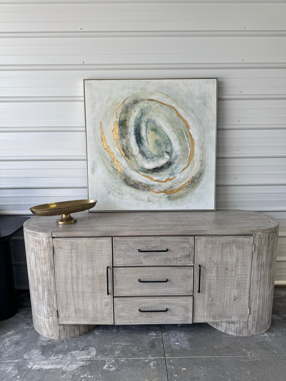 Art 12 – Green Gold Swirls — Silver Floater ~40"