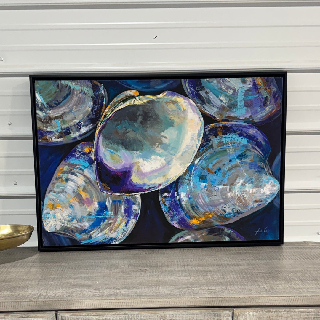 Art 04 – Oyster Shells Blue framed wall art, front view