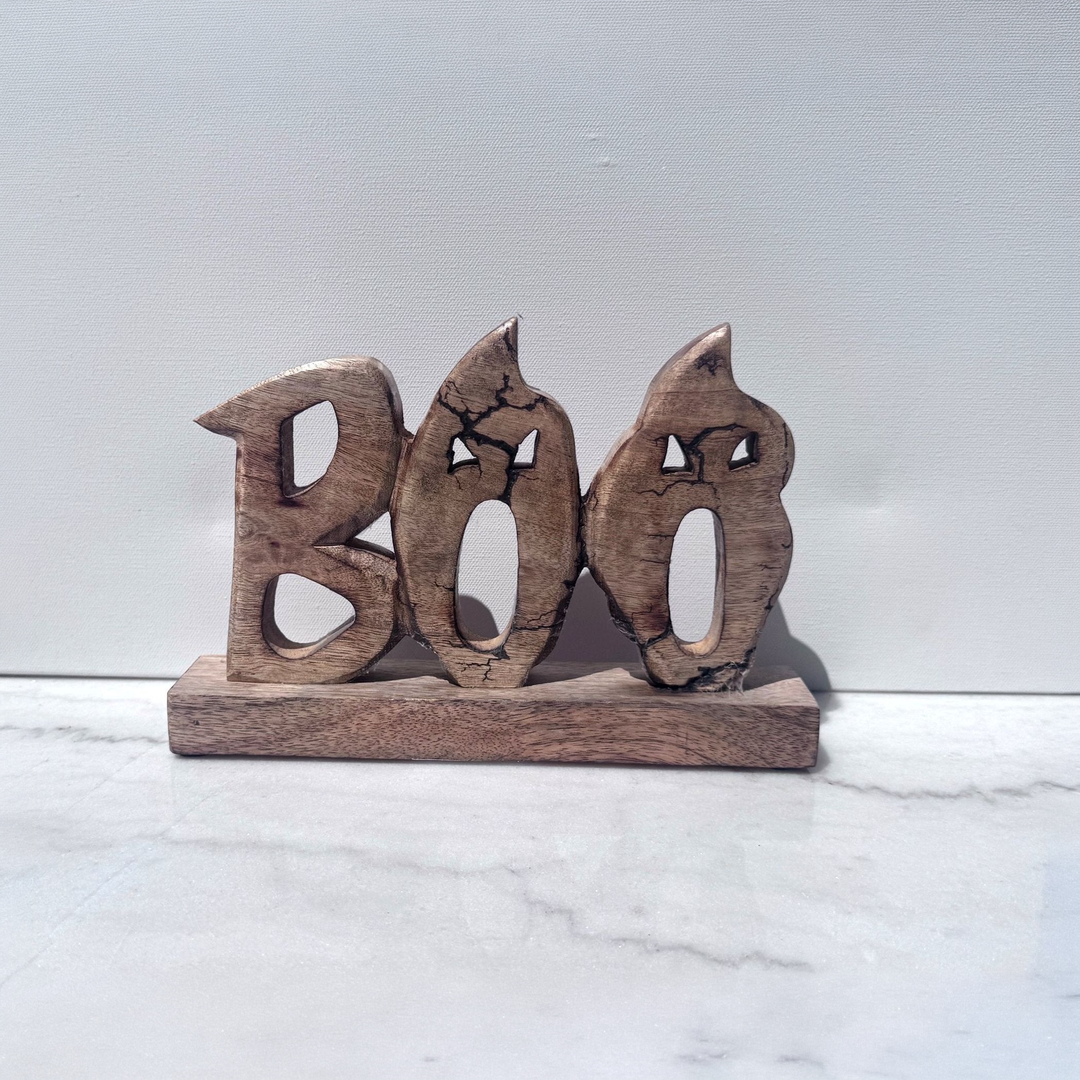 Carved Wood BOO Sign - square with extended background