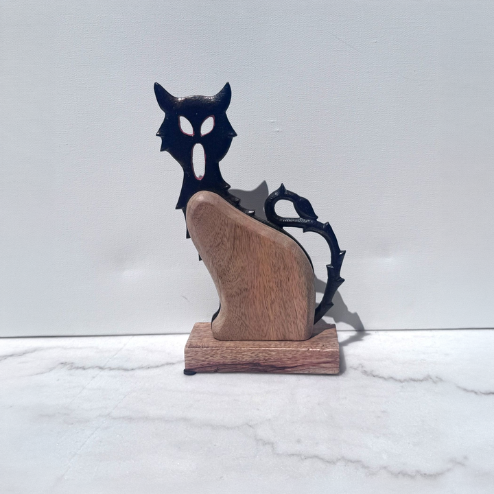 Wood and Iron Cat Silhouette Sculpture - square with extended background