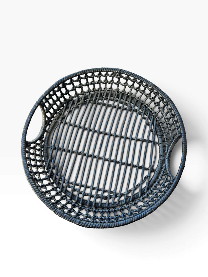 Lot 43 – Black Woven Round Basket Tray with Handles, 18in