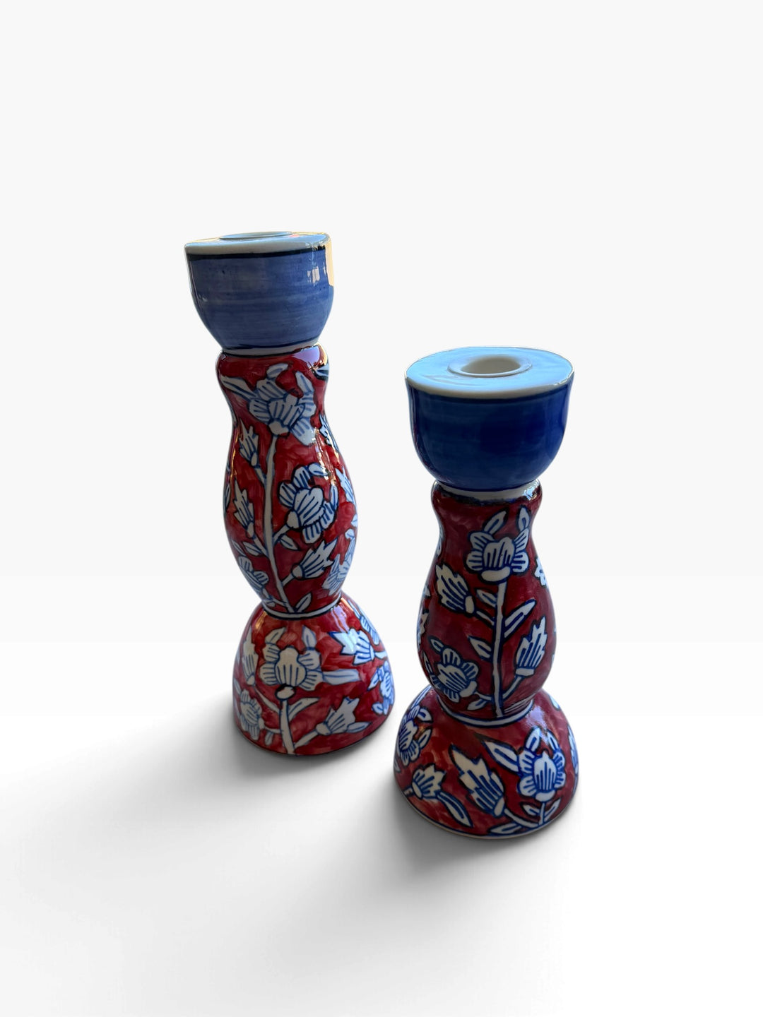 Lot 60 – Hand-Painted Floral Ceramic Candlesticks, Pair, 10in