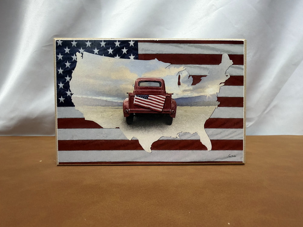 Patriotic wood print of a vintage red truck and American flag