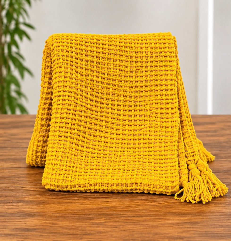 Lot 10 – Honeybloom Mustard Yellow Chunky Knit Throw with Tassels