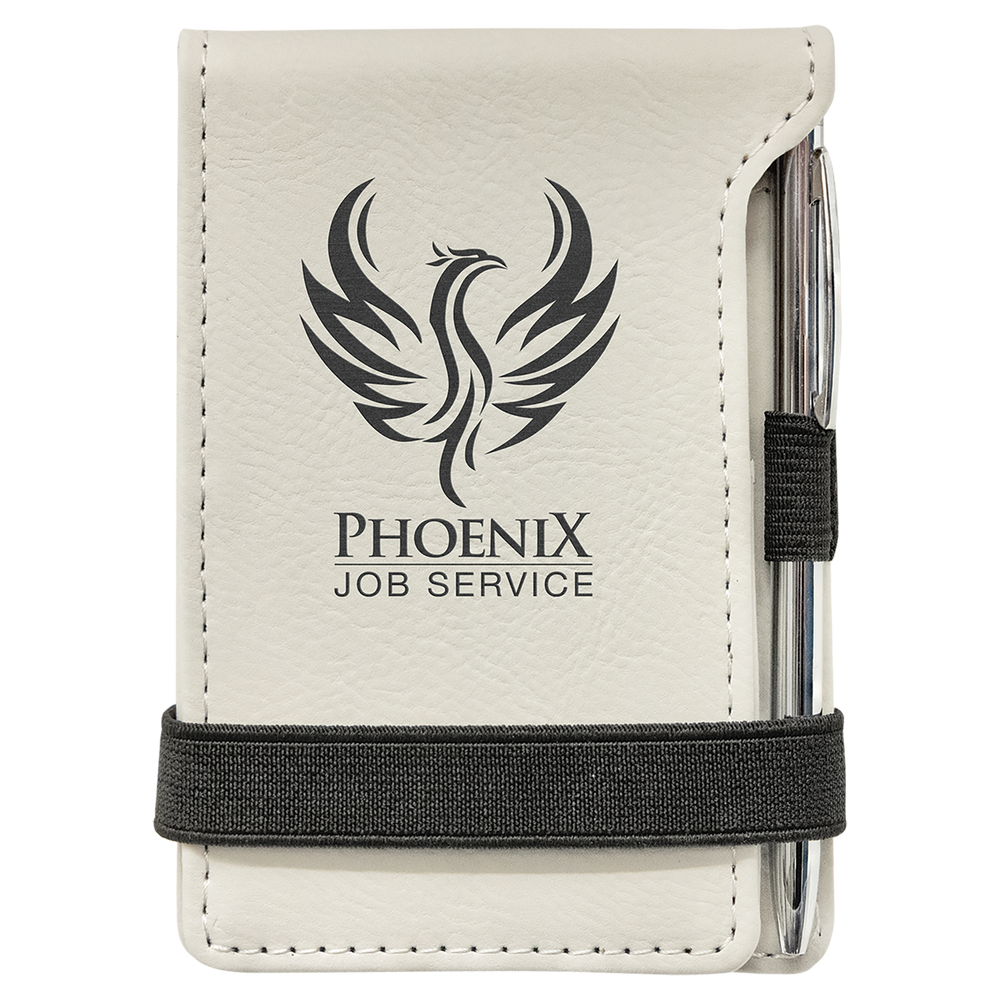 White leatherette mini notepad with pen, personalized