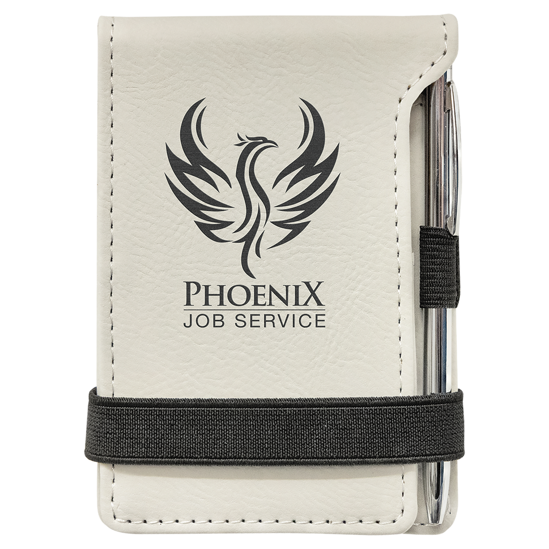 White leatherette mini notepad with pen, personalized