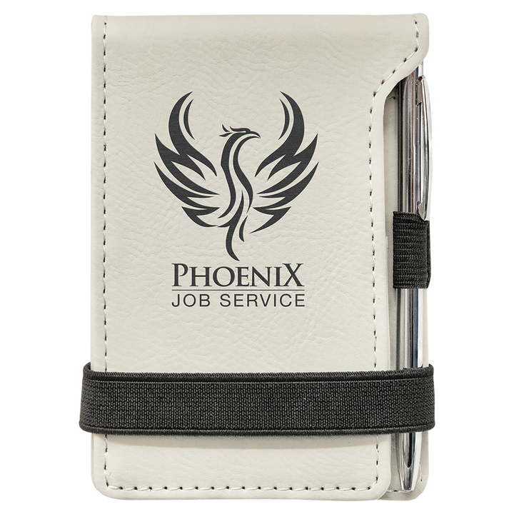 White leatherette mini notepad with pen, personalized