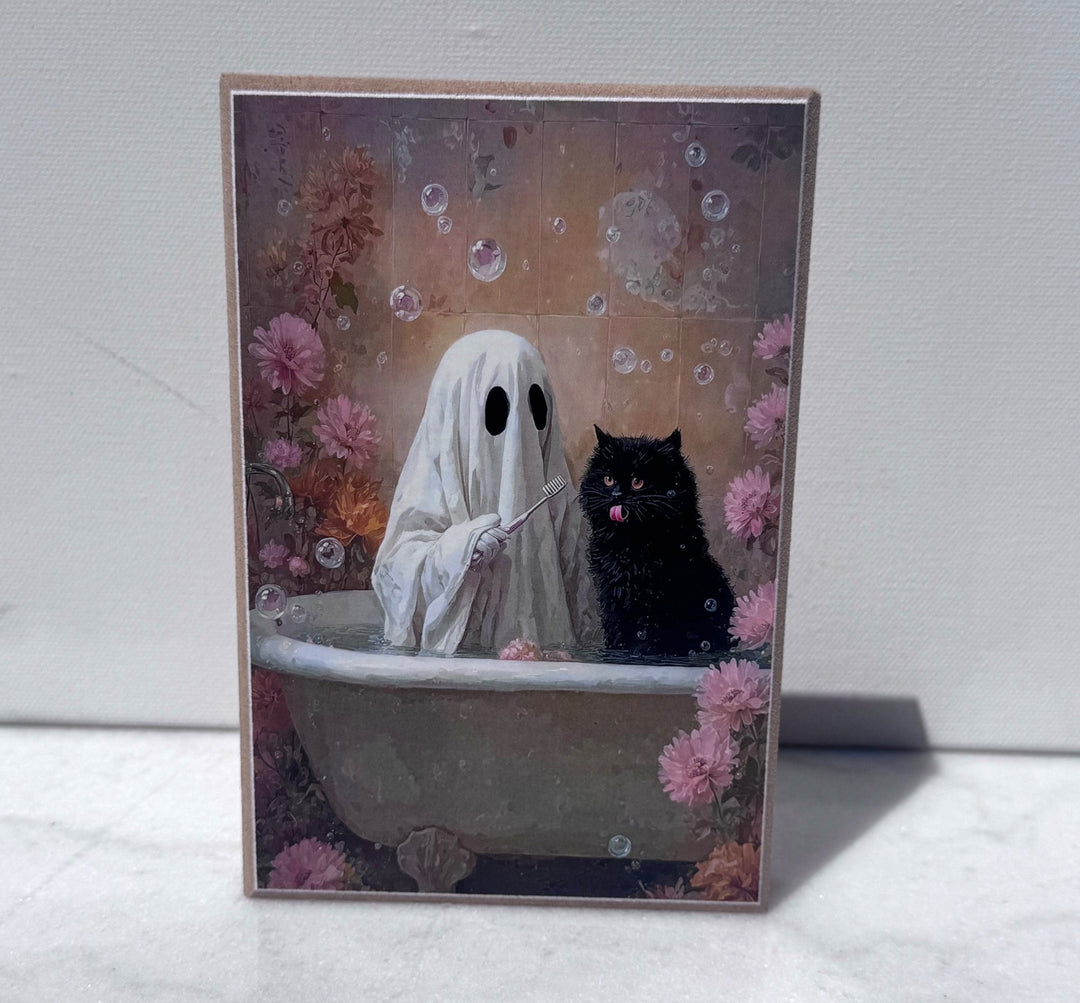 Ghost and black cat in a bubble bath canvas print