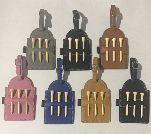 Laserable Leatherette Golf Bag Tag with 3 Wooden Tees