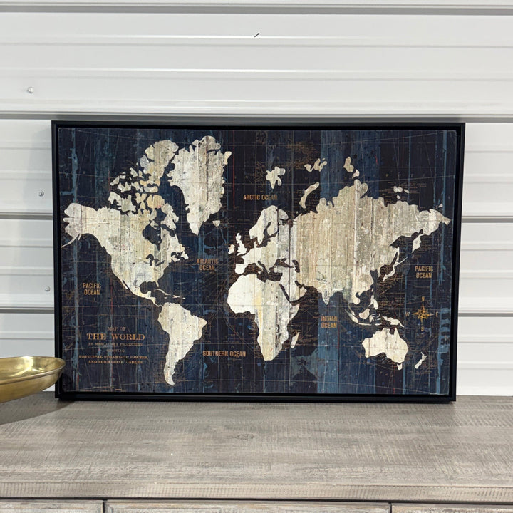 Art 07 – World Map framed wall art, front view