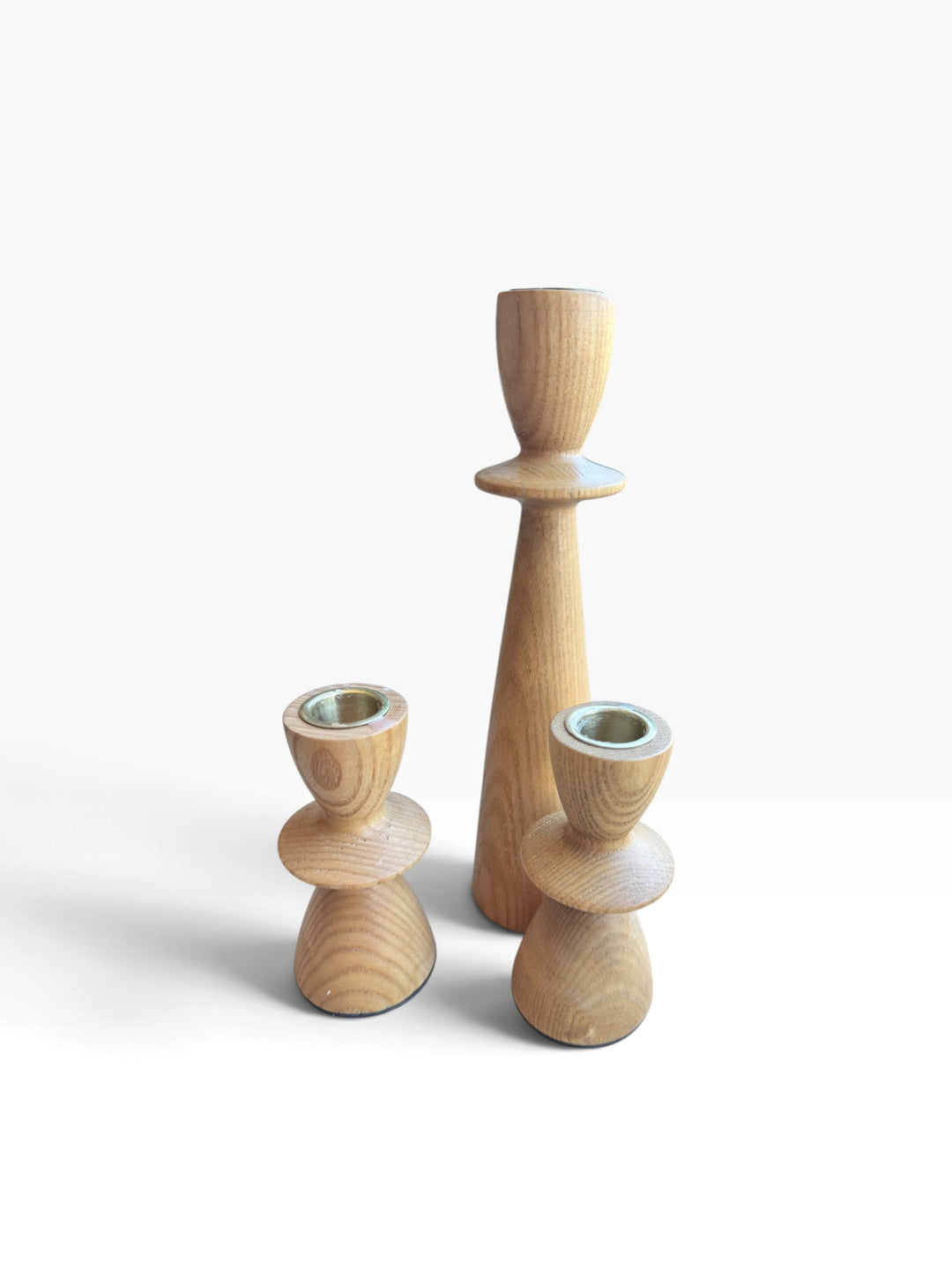 Lot 75 – Set of 3 Turned Wood Candlesticks with Brass Cups