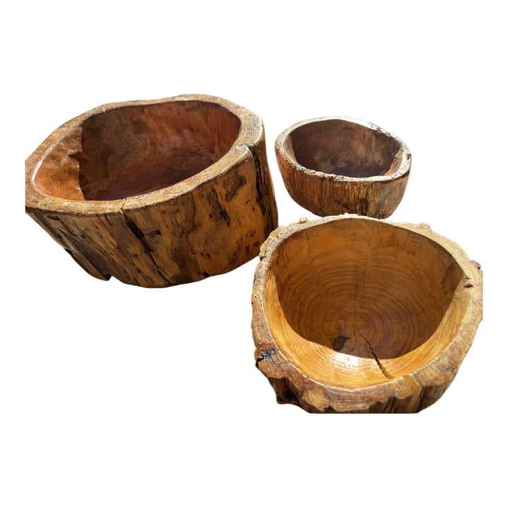 Lot 28 – Hand-Carved Rustic Teak Root Live-Edge Bowls, Set of 3