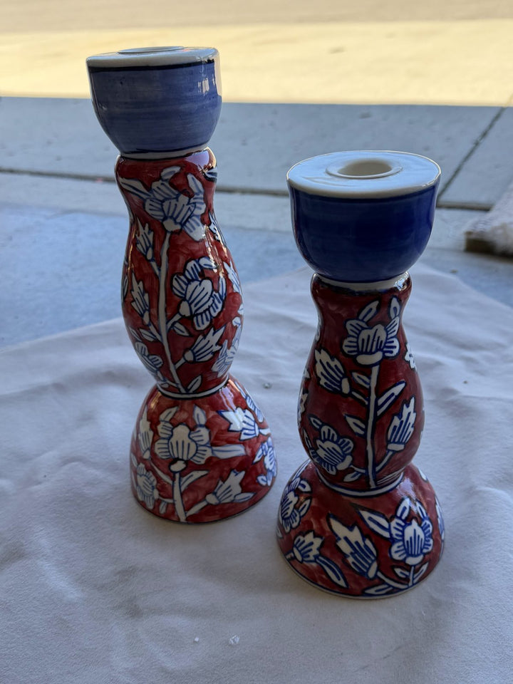 Lot 60 – Hand-Painted Floral Ceramic Candlesticks, Pair, 10in
