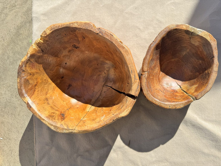 Lot 80 – Hand-Carved Rustic Teak Root Live-Edge Bowls, Set of 2