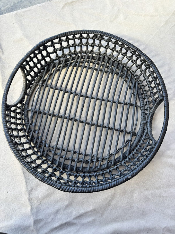 Lot 43 – Black Woven Round Basket Tray with Handles, 18in