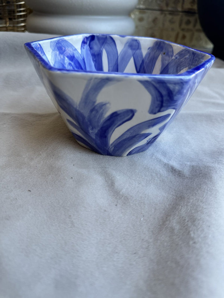 Lot 72 – Blue & White Hand-Painted Hexagon Ceramic Bowl, 7 in