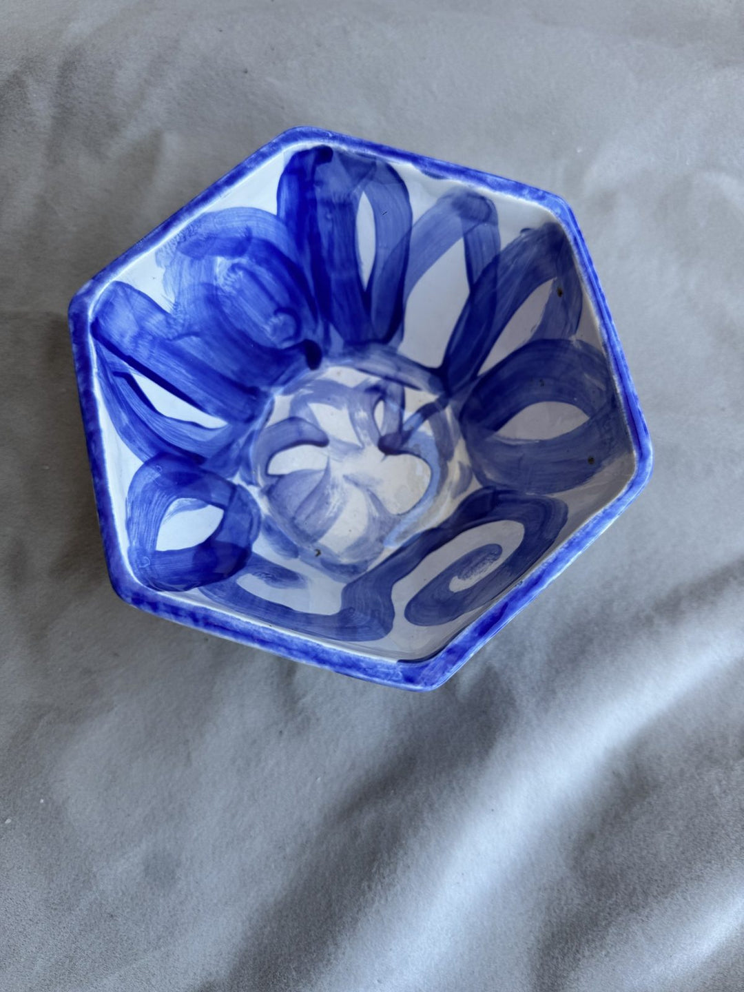 Lot 72 – Blue & White Hand-Painted Hexagon Ceramic Bowl, 7 in