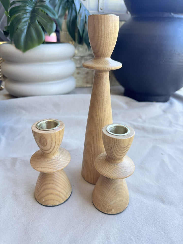 Lot 75 – Set of 3 Turned Wood Candlesticks with Brass Cups