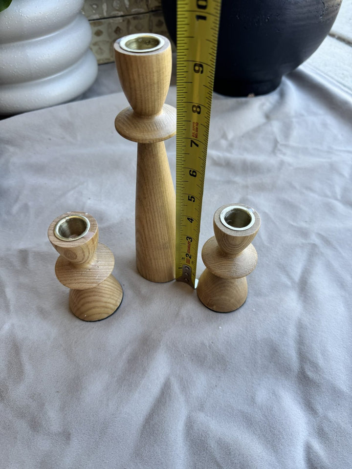Lot 75 – Set of 3 Turned Wood Candlesticks with Brass Cups