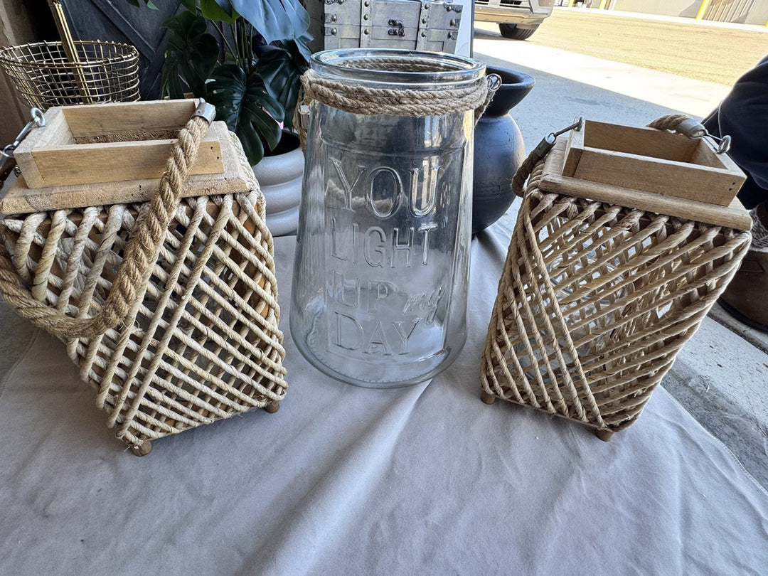 Lot 76 – Pair of Woven Rope Lanterns with Wood Frame & Handle