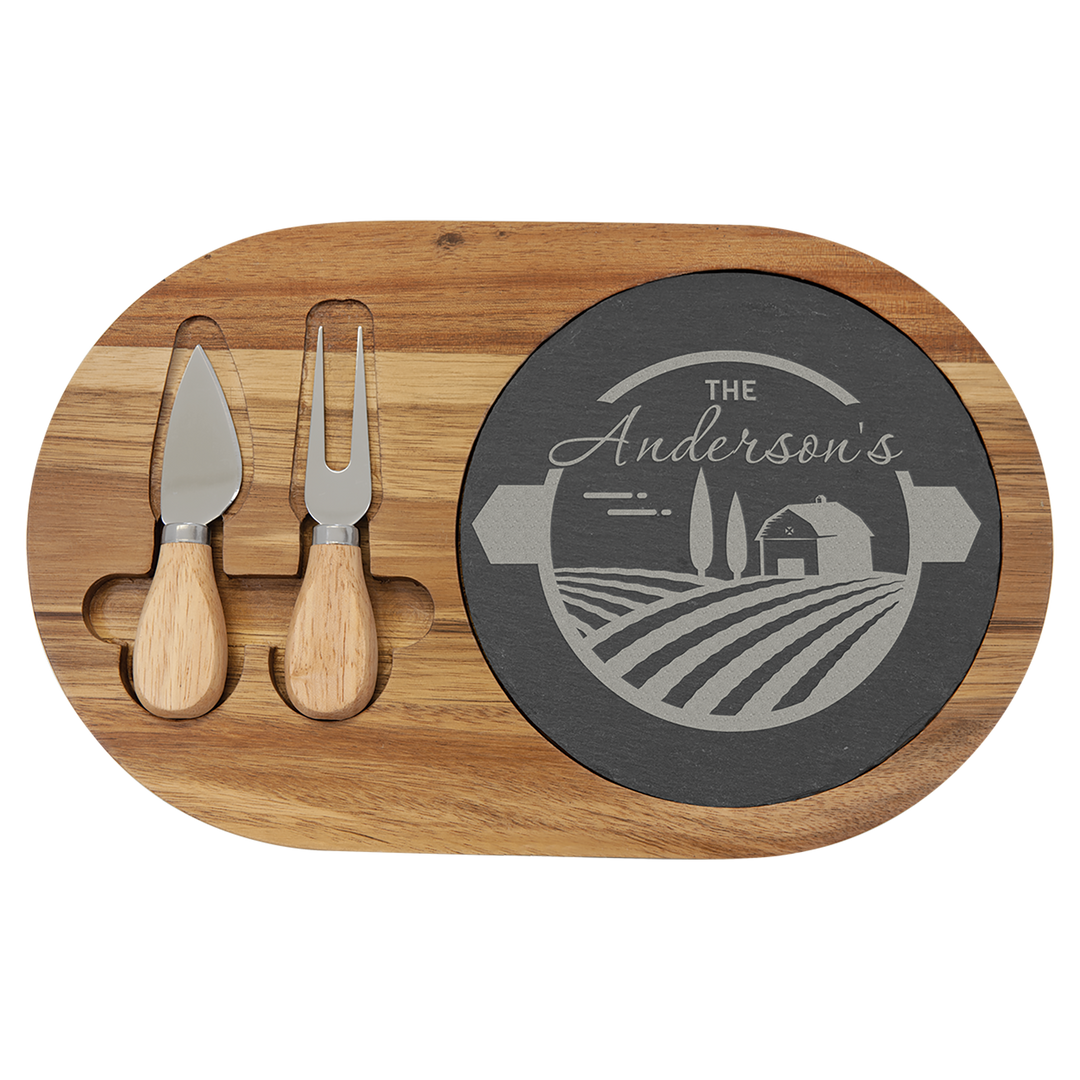 acacia & slate cheese set, laser engraved