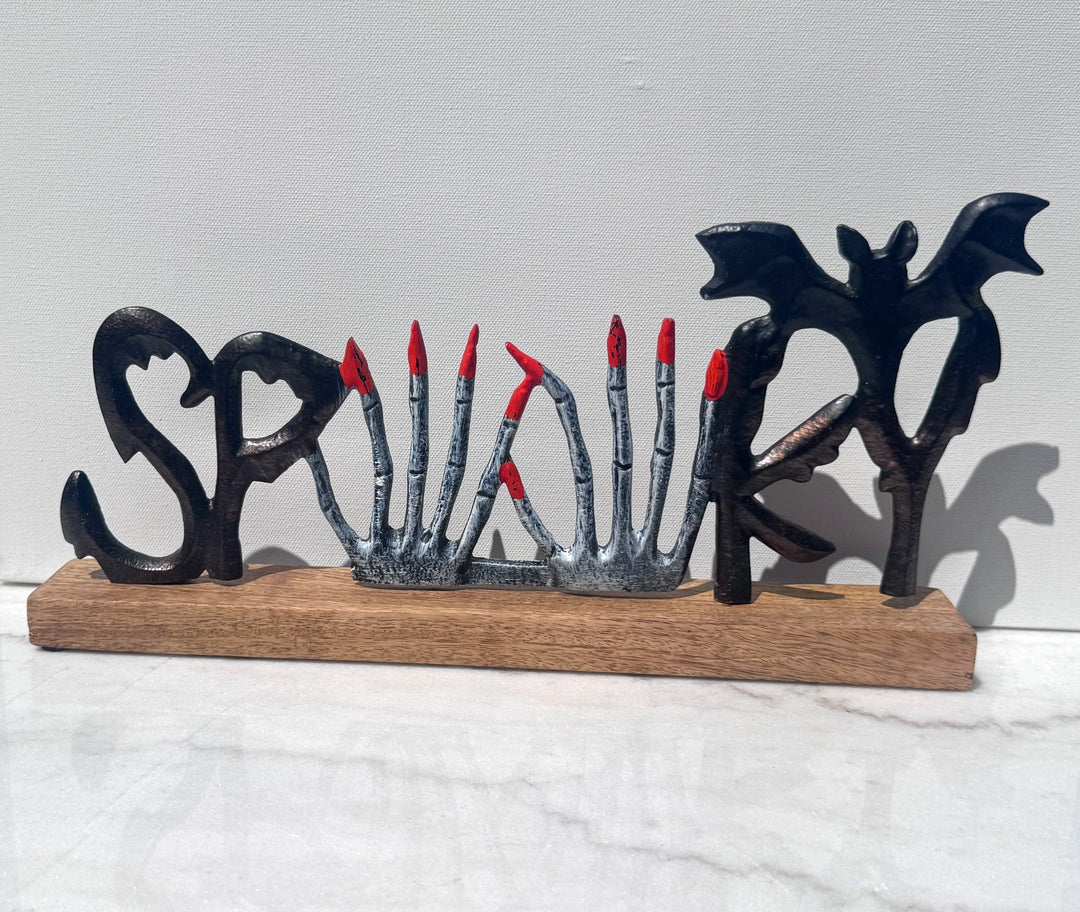 Skeleton hand SPOOKY sign with bat wings on wood base