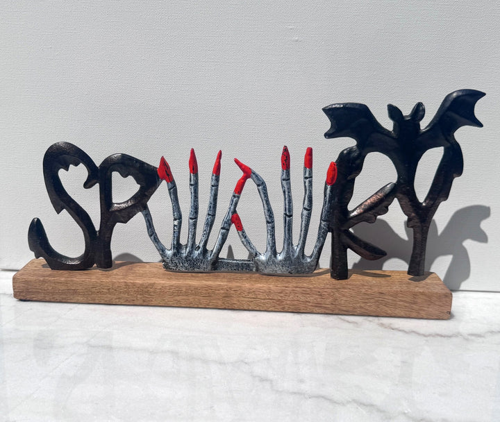 Skeleton hand SPOOKY sign with bat wings on wood base
