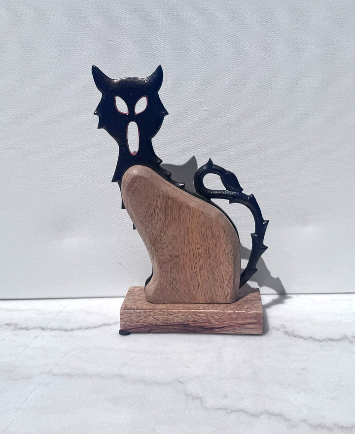 Wood and iron black cat silhouette sculpture