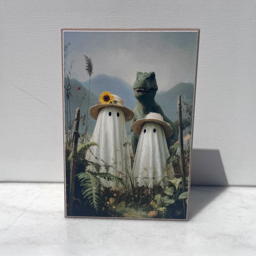 Ghosts and Dino Vintage Shelf Sitter - square with extended background
