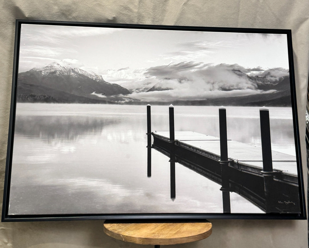 Black and white mountain lake and dock photography in a black frame