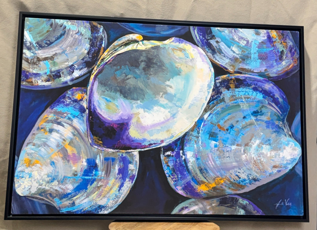 Blue, aqua and purple abstract stone shapes in a black frame