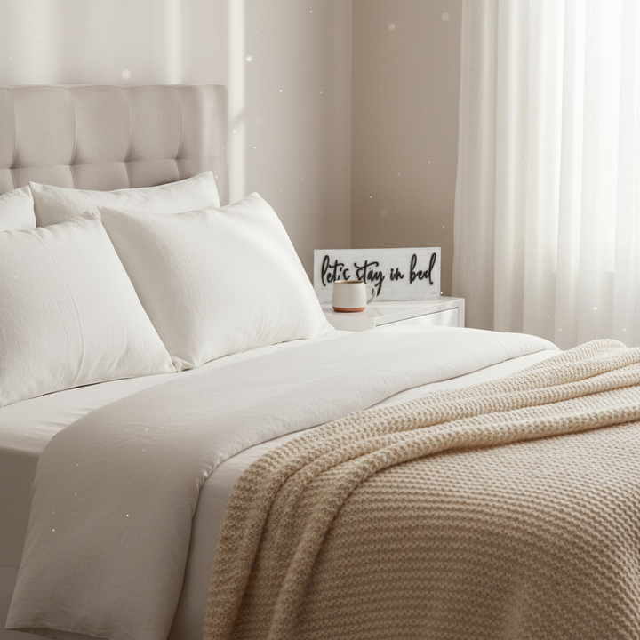 Let's Stay in Bed Shelf Sitter - square with extended background