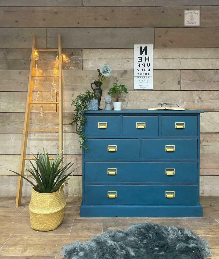 Dresser painted in Antebellum Blue Chalk Mineral Paint with gold hardware