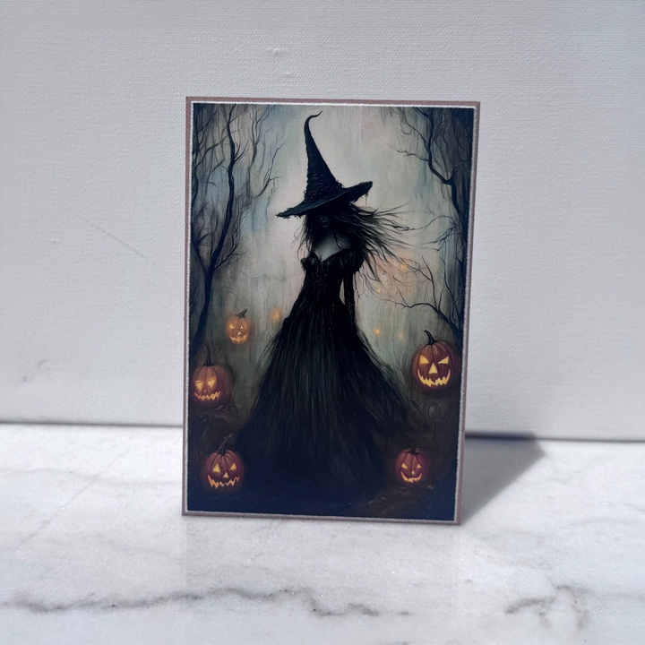 Witch in the Pumpkin Patch Shelf Sitter - square with extended background