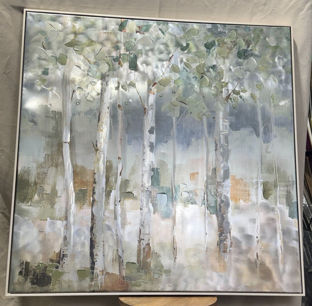 Large framed sage green, silver and cream abstract birch forest wall art
