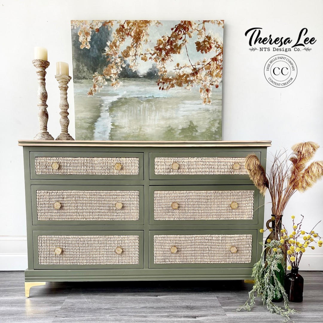 Rattan dresser painted in Cactus Silk paint with a natural wood top