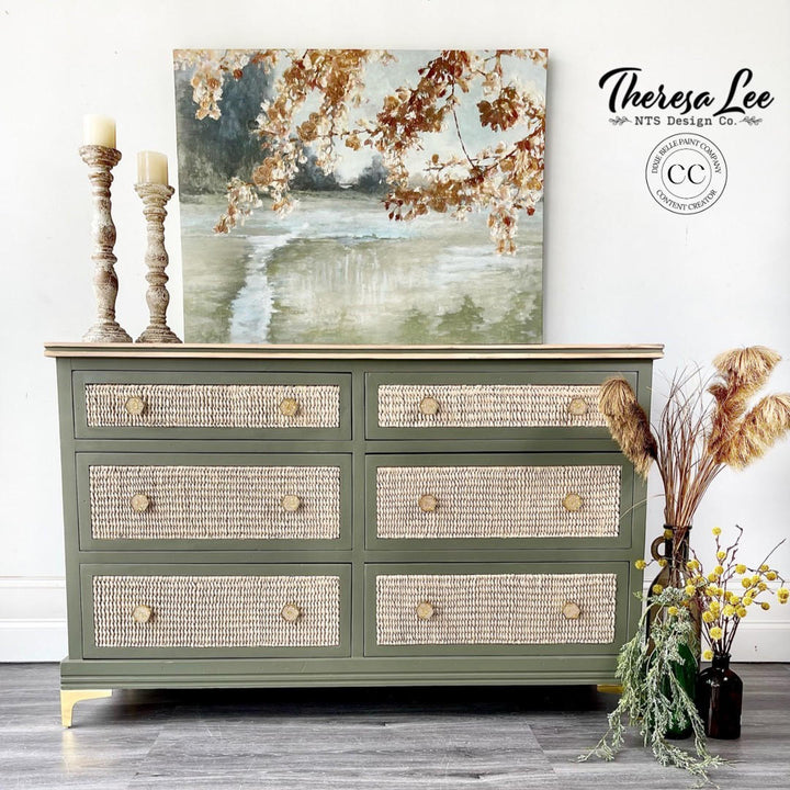 Rattan dresser painted in Cactus Silk paint with a natural wood top