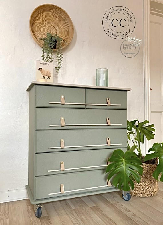 Chest of drawers painted in Cactus Silk paint with silver bar hardware