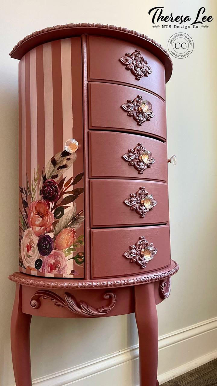 Tall jewelry chest painted in Desert Rose with appliques and decoupage
