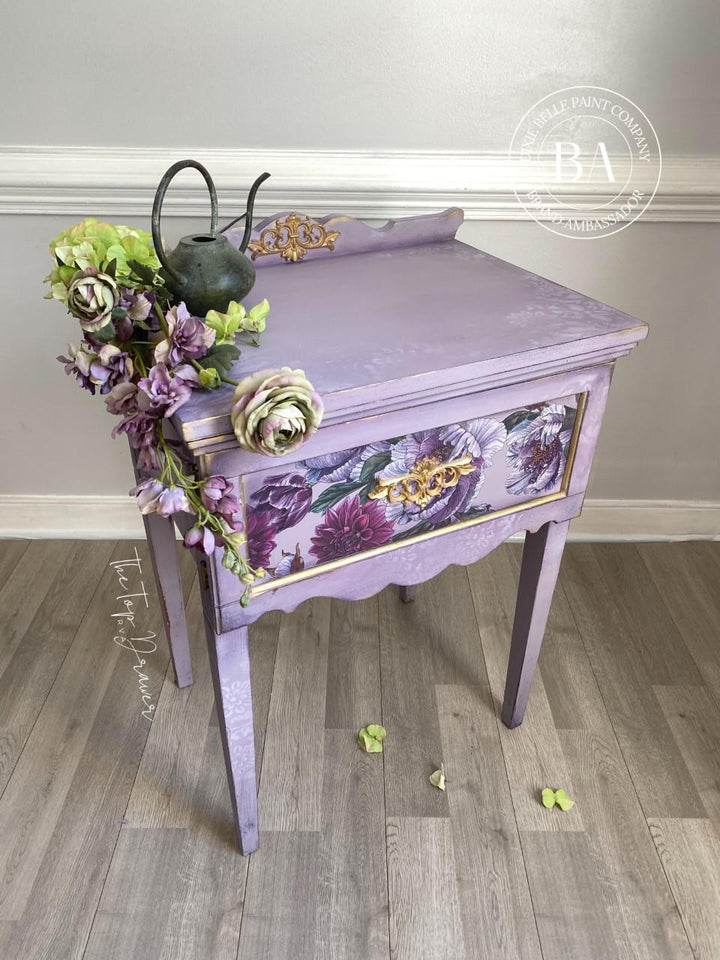 Lilac painted furniture piece finished in Morning Sunrise Silk paint