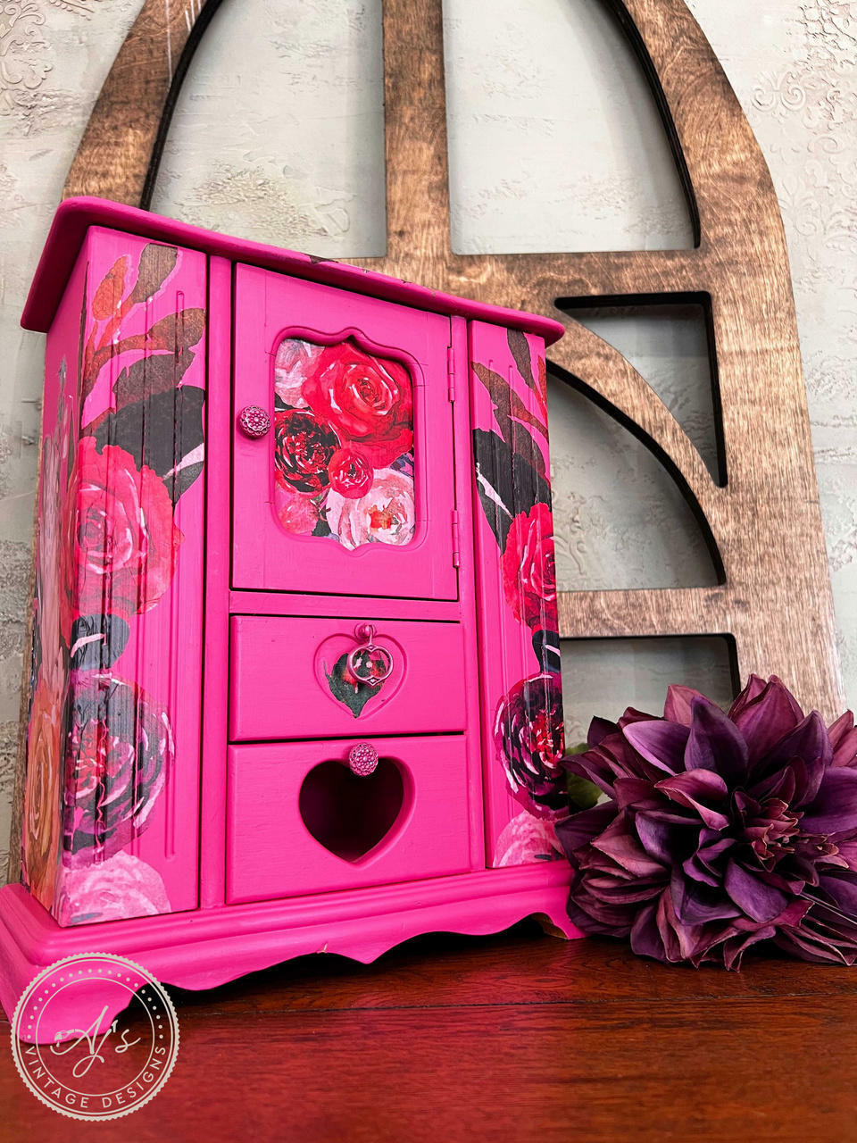 Pink painted jewelry box with rose rub-on transfers