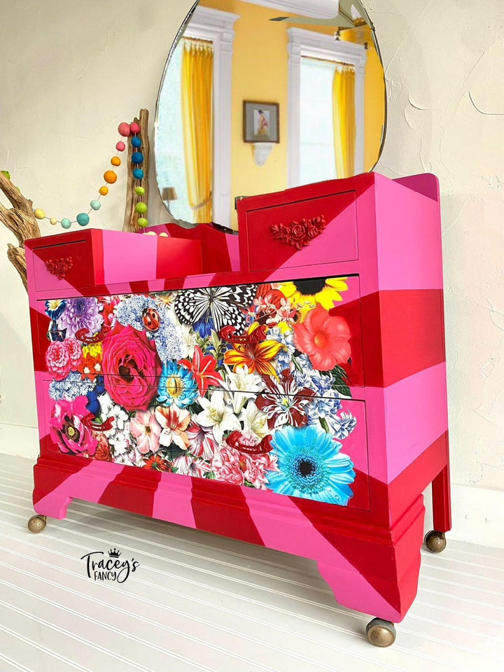 Red and pink striped painted vanity with floral rub-on transfers