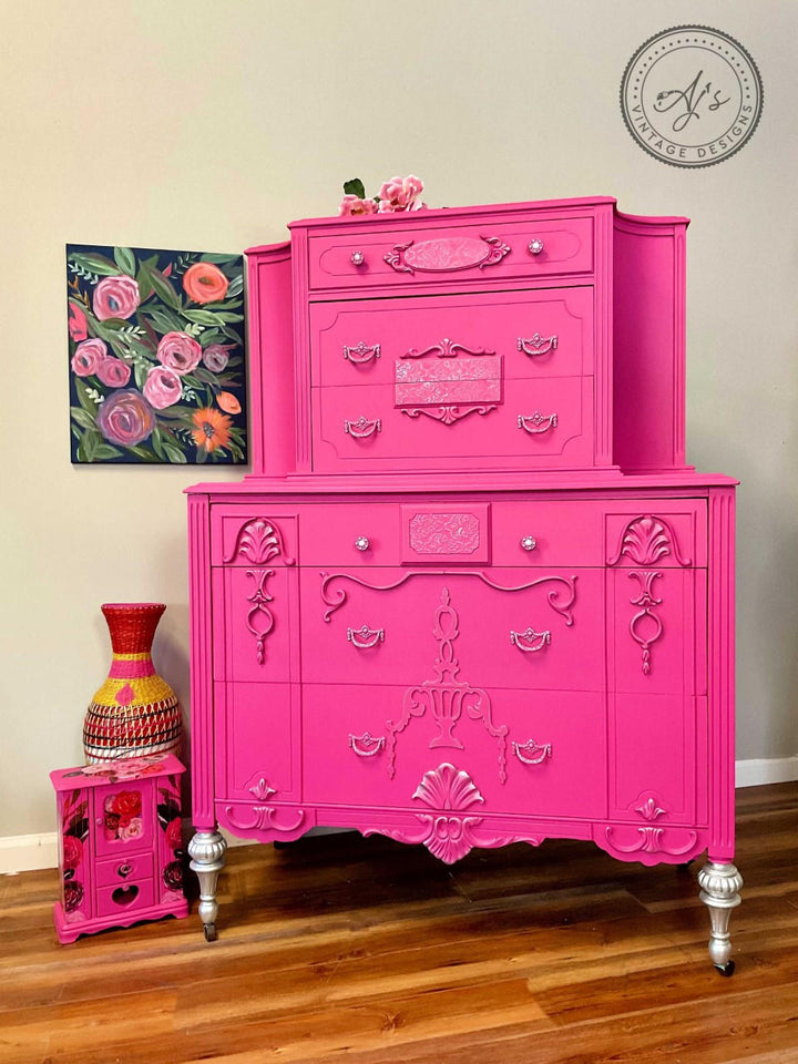 Pink painted dresser with silver trim and legs in Prickly Pear Silk paint