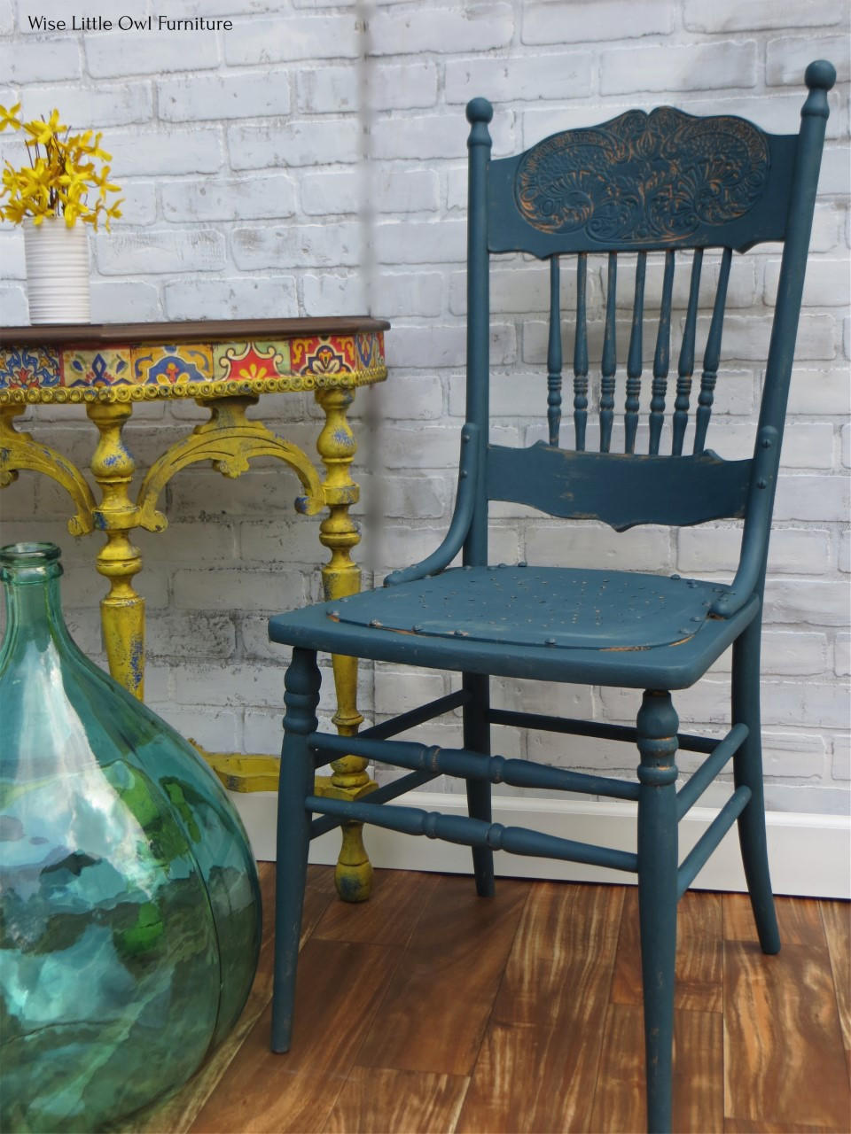 Vintage wooden chair painted in Blue Agave Terra Clay Paint with distressed accents
