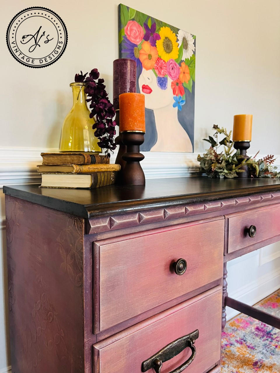 Office desk painted in Bougainvillea Terra Clay Paint with a brown top
