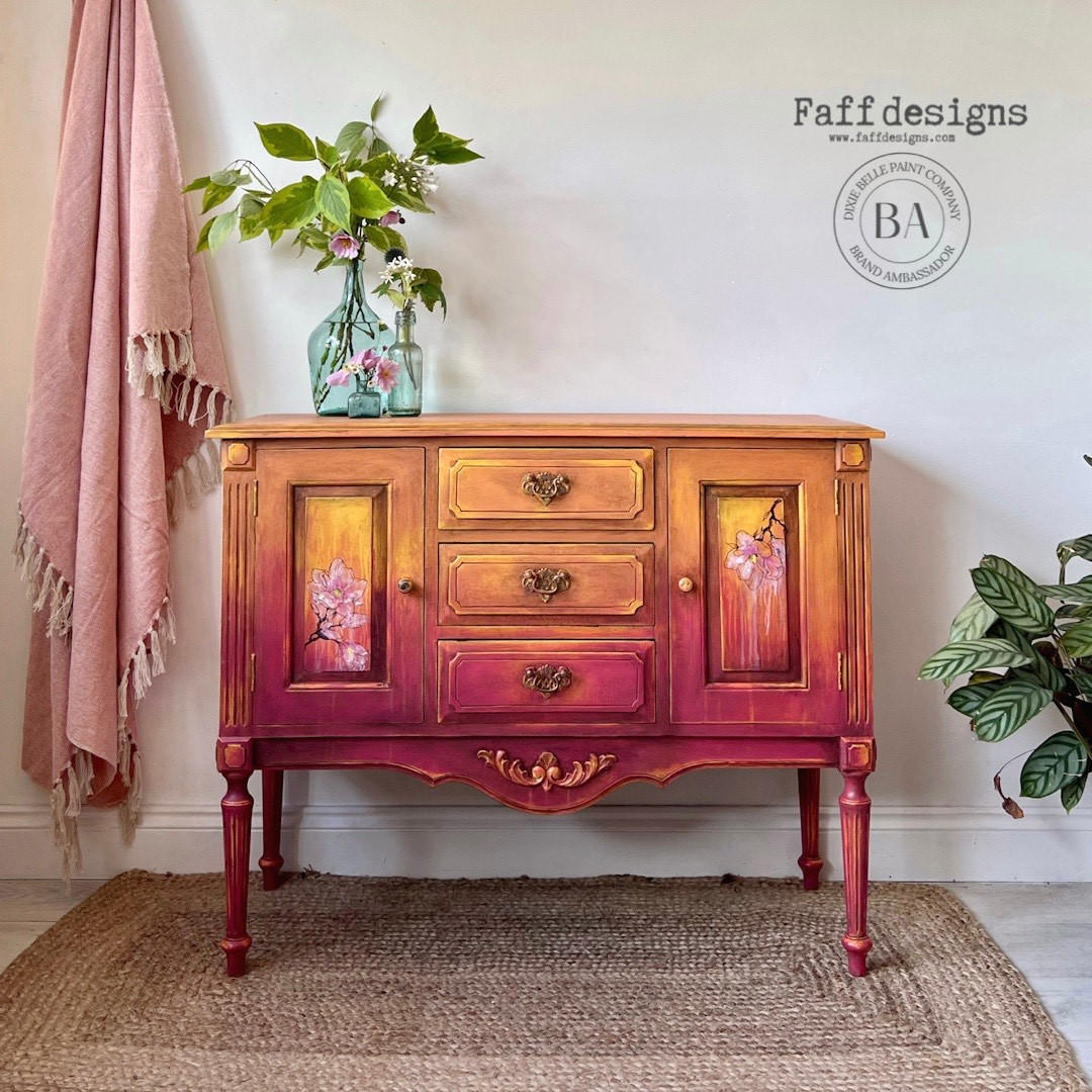 Wet distressed ombre credenza in Bougainvillea, Daffodil and Marigold Terra Clay Paint