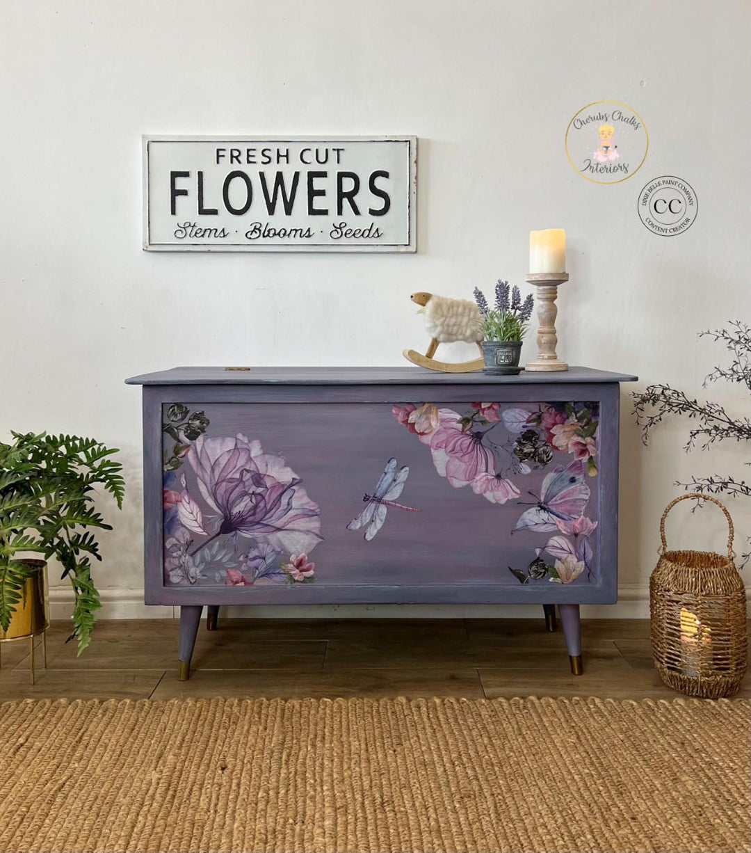 Purple clay painted chest with a translucent garden rub-on transfer