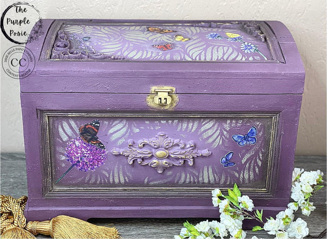 Purple clay painted jewelry chest with gold lock and wildflower transfer